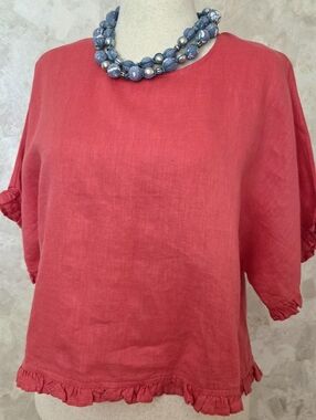 100% Linen Cynthia Rowley Coral Ruffle Hem Blouse NWT Medium